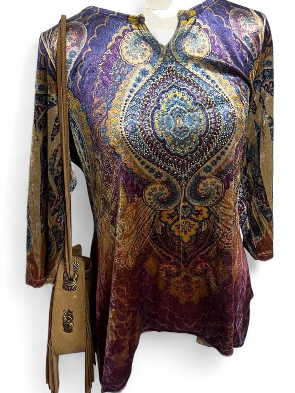 Purple gold velvet y2k vintage longer sleeve top sparkly hippie spiritual fairy